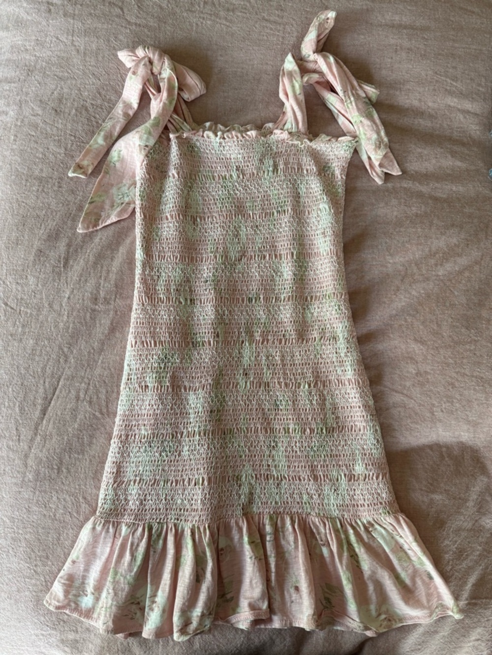 LoveShackFancy Pink and Green Smocked Ruffle Strap Kids Dress